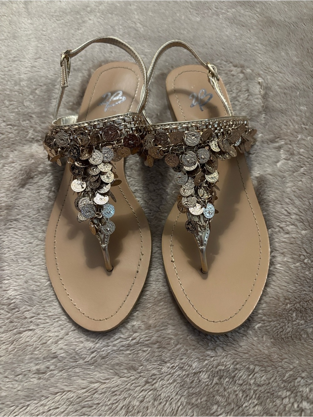 2B Bebe Gold Coin-Embellished T-Strap Sandals Women’s Size 6